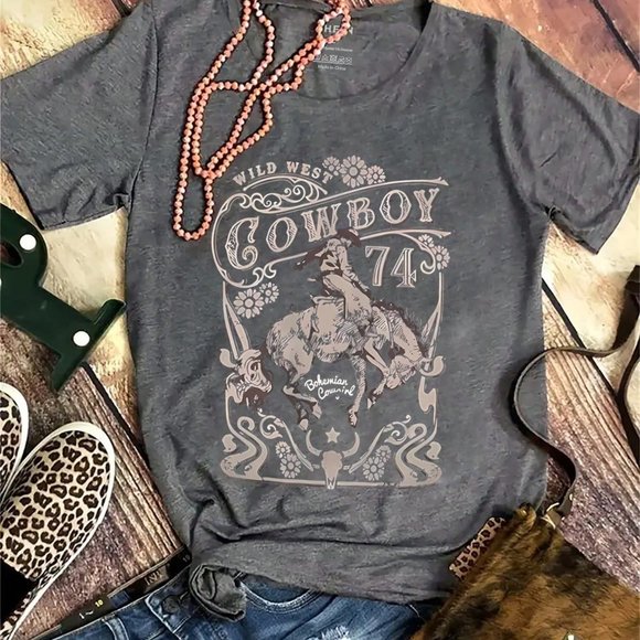 WOMENS WILD WEST COWBOY TEE SHIRT - Picture 1 of 4